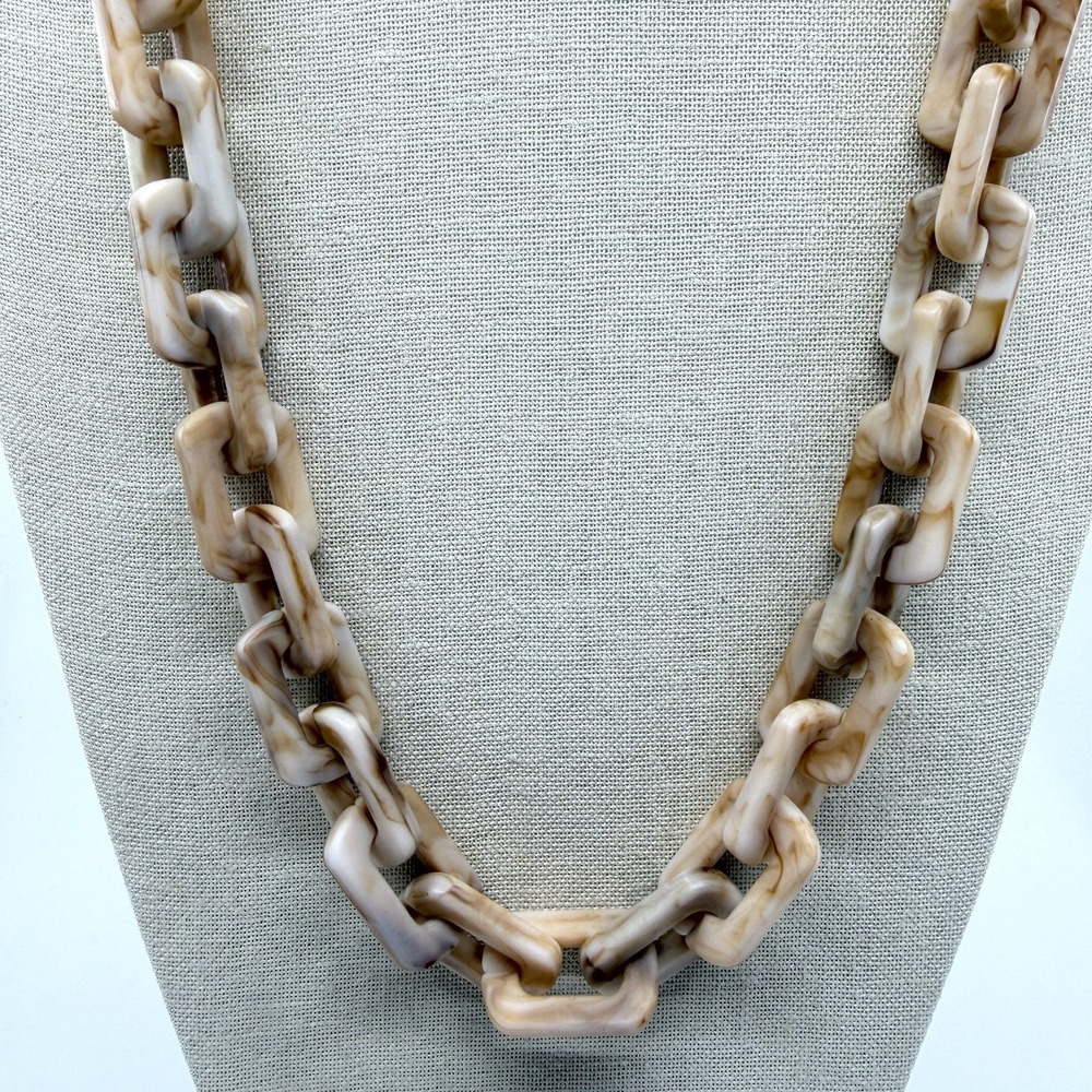 Cream Beige Marbled Acrylic Chain Link Long Necklace Chunky Statement Boho Gift